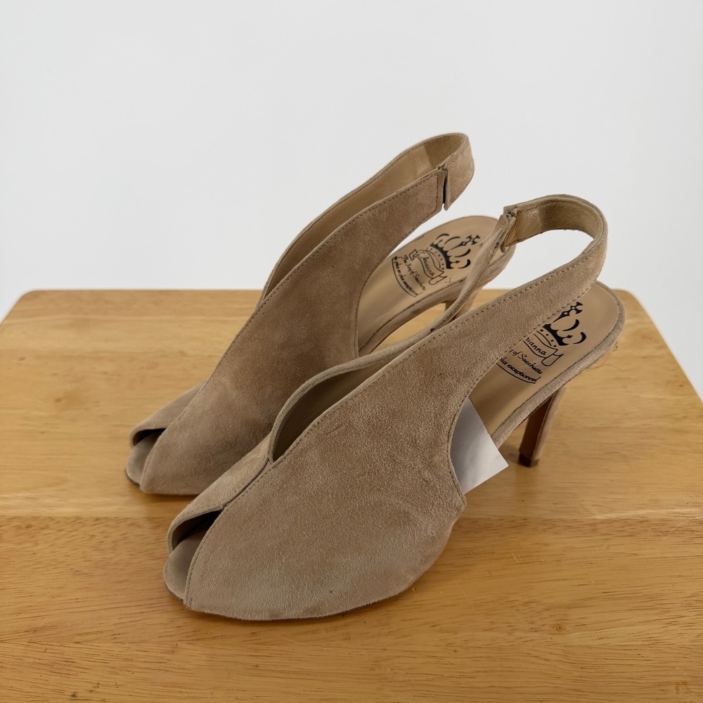 L'Arianna Slingback Heels Women 41 Tan Suede Peep Toe Italy Stiletto Chic Luxury